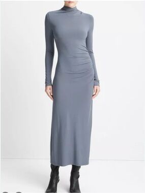 Vince Long Sleeve Ruched Tutleneck Maxi Dress Small Grey